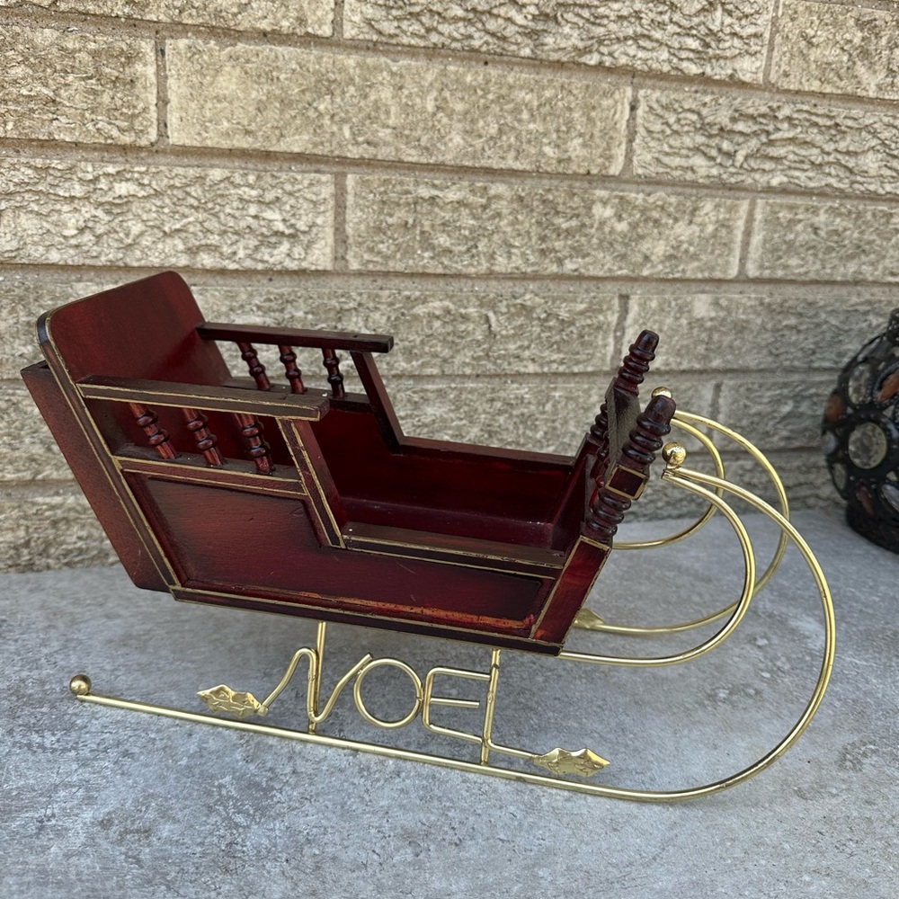 Vintage Wood and Metal Sleigh red/ Gold Holly Design Brass Gold Christmas Decor